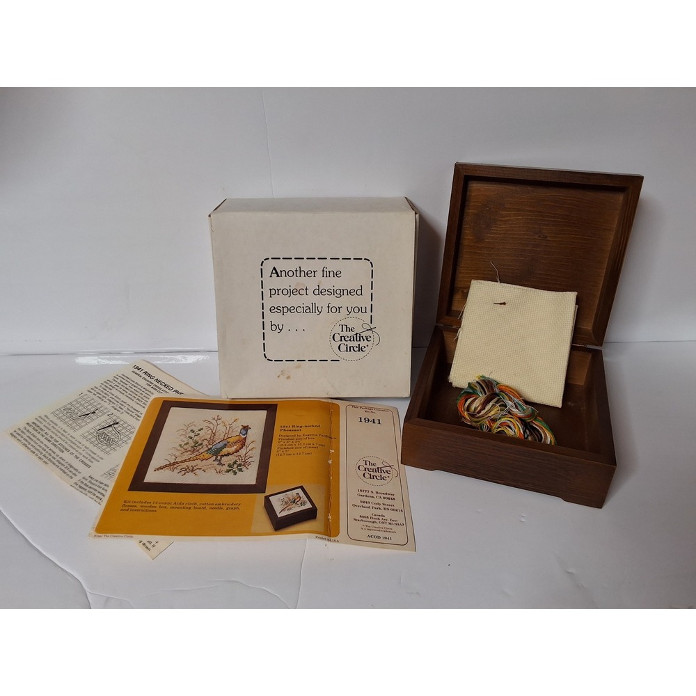 Vintage The Creative Circle Ring-necked Pheasant Cross Stitch Wood Box Kit NIB